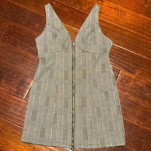 Love Tree houndstooth plaid zip up dress black and white Bodycon full zipper L